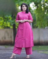 Pink Embroidered Cotton Kurta and Palazzo Set - pasoya
